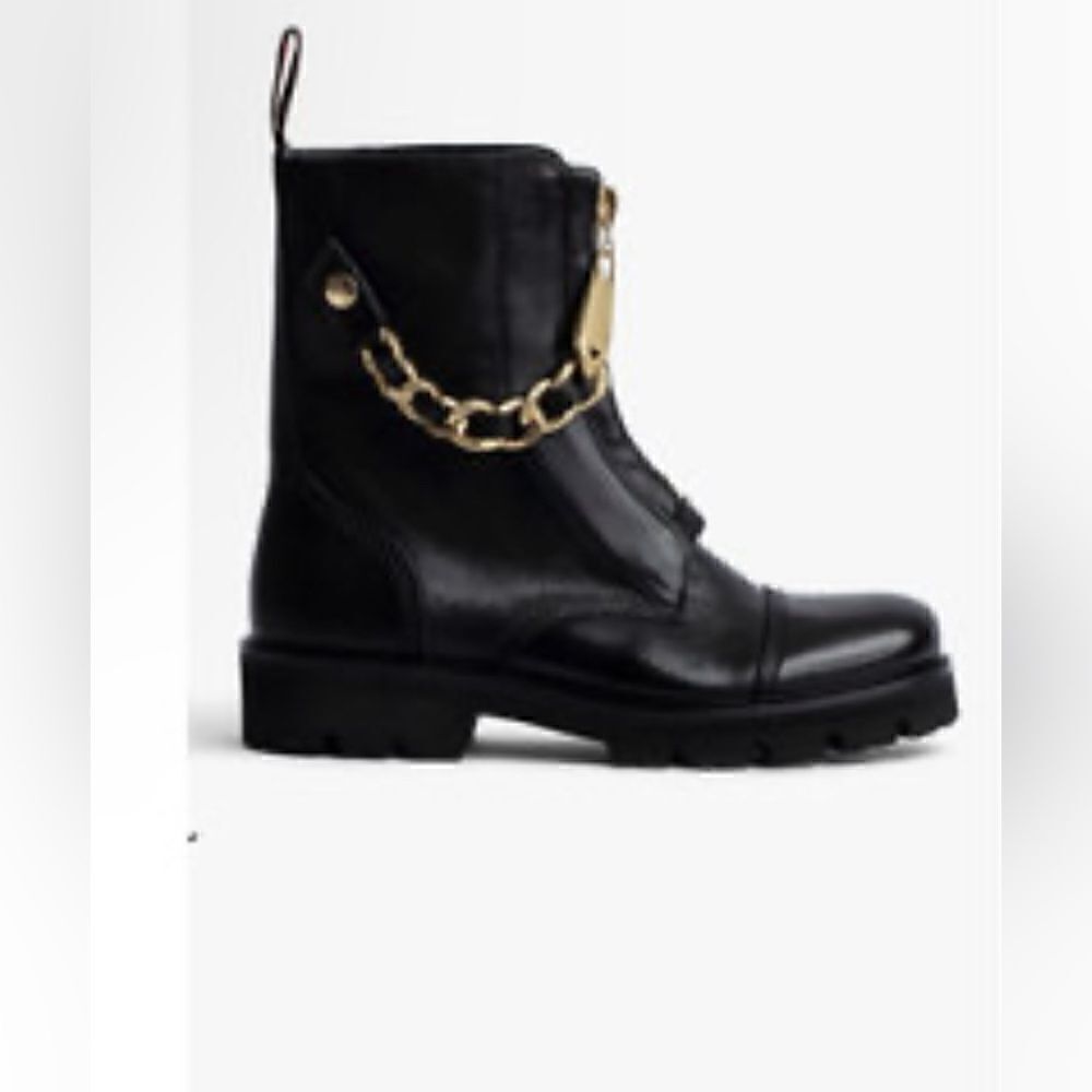 Zadig & Voltaire Joe Cecilia leather combat moto boots with gold chain 39/8